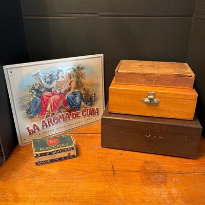 909 Lot of Three Cigar / Humidor Boxes with Antique Acme Match Box