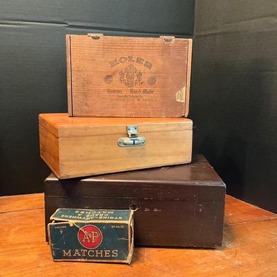 909 Lot of Three Cigar / Humidor Boxes with Antique Acme Match Box