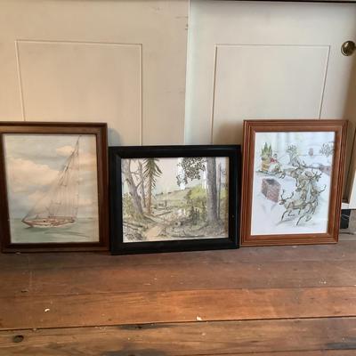624 Set of 3 Colored Sketches, Signed