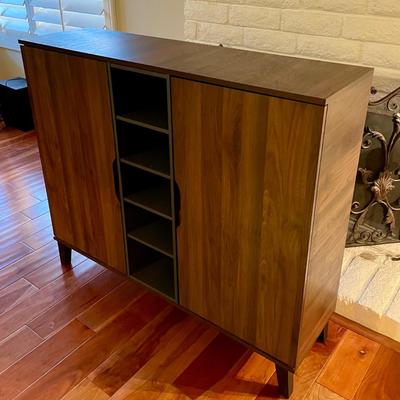 Two-Tone Walnut Brown and Grey Finished Wood 2-Door Shoe Cabinet