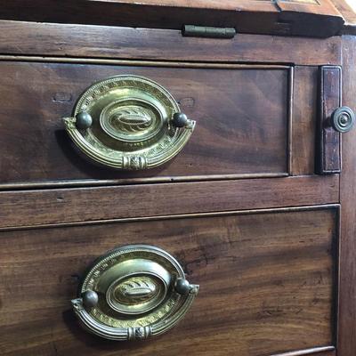 LOT 1M: Antique 19th century Drop-Front Desk w/ Key & Shell Design inlaid