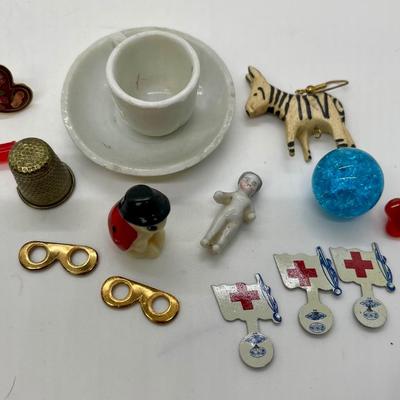 Miniature Odds & Ends Lot - figurines, teacup & saucer, marble, thimble, red cross tabs, etc