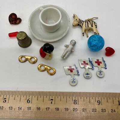 Miniature Odds & Ends Lot - figurines, teacup & saucer, marble, thimble, red cross tabs, etc