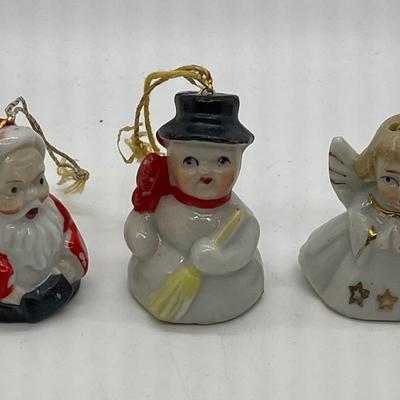 Lot of 3 porcelain Christmas Mini Bell Ornaments made in Japan Santa Snowman Angel