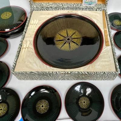 Black & gold Laquer Ware Set in wood storage box Japanese