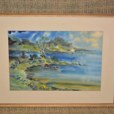 Framed & Matted Cool Tone Watercolor Print 1966