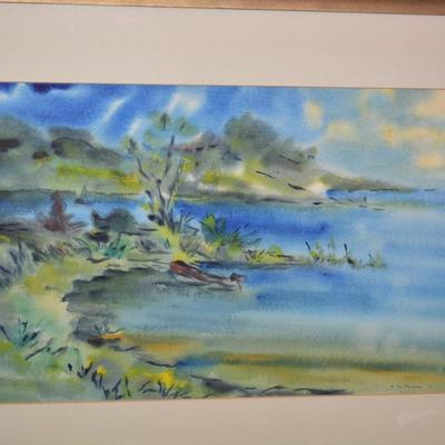 Framed & Matted Cool Tone Watercolor Print 1966