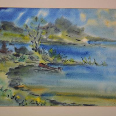 Framed & Matted Cool Tone Watercolor Print 1966