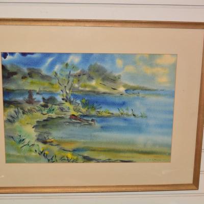 Framed & Matted Cool Tone Watercolor Print 1966