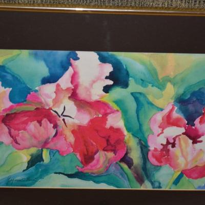 Vibrant Floral Signed Watercolor Framed & Matted Georgiana B.
