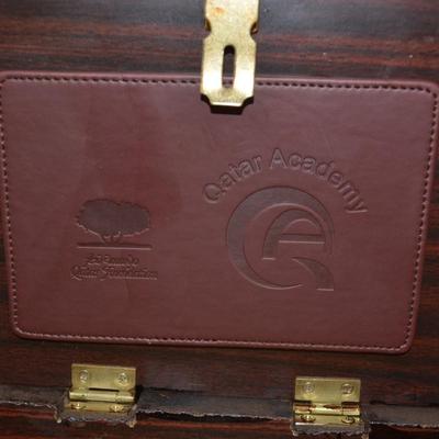 Wood & Brass Qatar Academy Lock Box with Leather Plaque