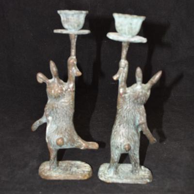 Set of 2 Brass Bunny Rabbit Candle Sticks