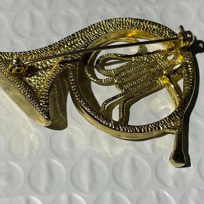 Vintage Rachel Crystal French Horn Gold=tone Fashion Pin/Brooch in VG Preowned Condition as Pictured.