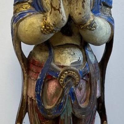 Antique tall Chinese polychrome wood / Goddess female figurine
