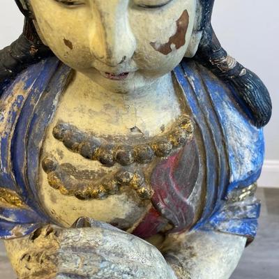 Antique tall Chinese polychrome wood / Goddess female figurine