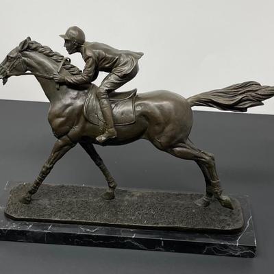 Bronze horse thoroughbred fan and jockey figurine 11 X 8