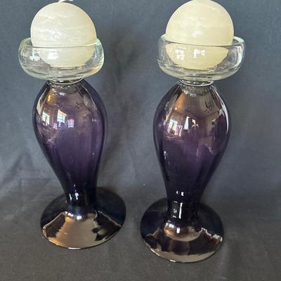 Purple Glass Candlestick Holders