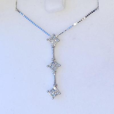 1.2CT Princess 3 Stone Diamond 14K Pendant w/ 14K White Gold Box Chain