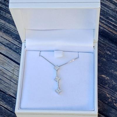 1.2CT Princess 3 Stone Diamond 14K Pendant w/ 14K White Gold Box Chain