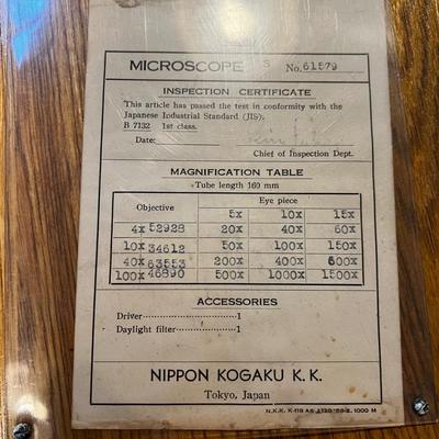 N827 Vintage Nippon Kogaku Tokyo 60899 Microscope with Case