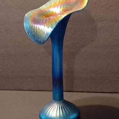 LUNDBERG Studios Art Glass JACK IN THE PULPIT Aurene Blue Iridescent Vase