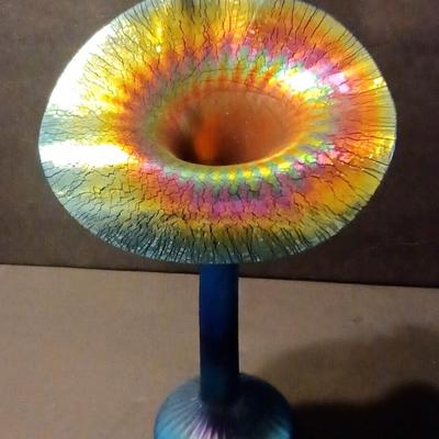 LUNDBERG Studios Art Glass JACK IN THE PULPIT Aurene Blue Iridescent Vase