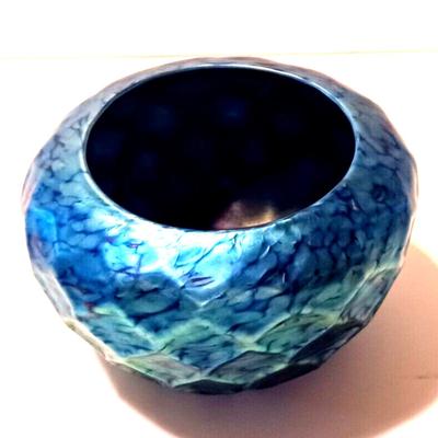 LUNDBERG Studios Art Glass Blue Iridescent Indian Basket Bowl 4 1/2