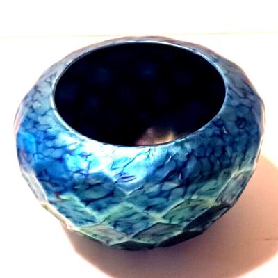 LUNDBERG Studios Art Glass Blue Iridescent Indian Basket Bowl 4 1/2"
