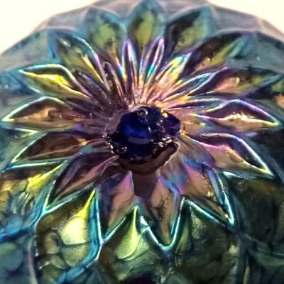 LUNDBERG Studios Art Glass Blue Iridescent Indian Basket Bowl 4 1/2"