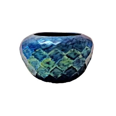 LUNDBERG Studios Art Glass Blue Iridescent Indian Basket Bowl 4 1/2