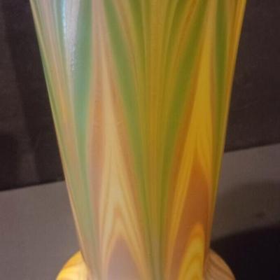 LUNDBERG Studios Art Glass Tall Green & Yellow Iridescent Vase