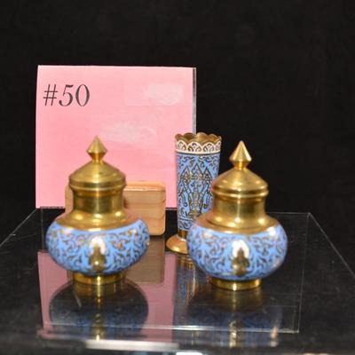 Small Vintage Enameled Brass Salt & Pepper Shakers and Toothpick Holder