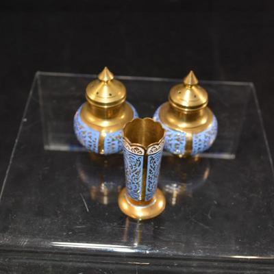 Small Vintage Enameled Brass Salt & Pepper Shakers and Toothpick Holder