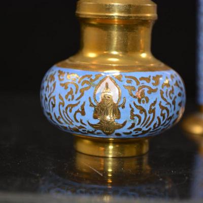Small Vintage Enameled Brass Salt & Pepper Shakers and Toothpick Holder