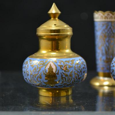 Small Vintage Enameled Brass Salt & Pepper Shakers and Toothpick Holder