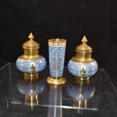 Small Vintage Enameled Brass Salt & Pepper Shakers and Toothpick Holder