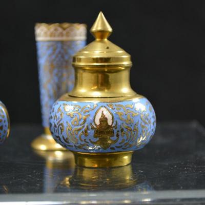 Small Vintage Enameled Brass Salt & Pepper Shakers and Toothpick Holder