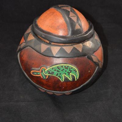 Vintage Carved and Embellished Calabash Container 8x8 Ashanti
