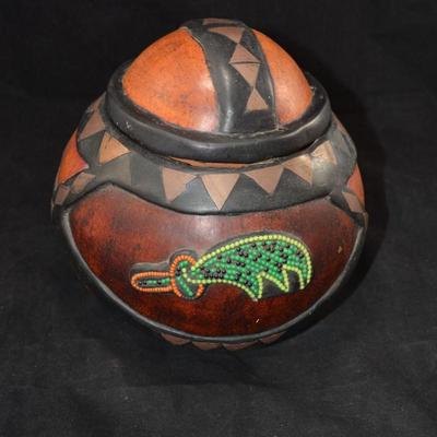 Vintage Carved and Embellished Calabash Container 8x8 Ashanti