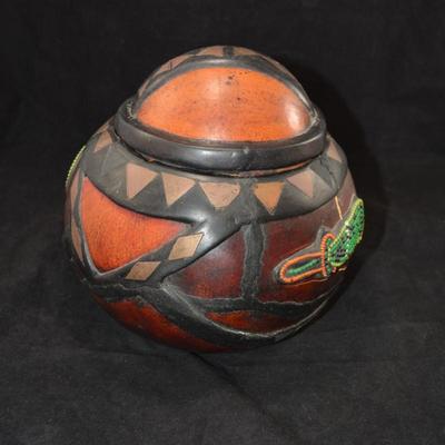 Vintage Carved and Embellished Calabash Container 8x8 Ashanti