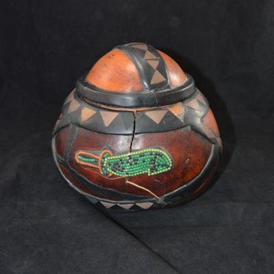Vintage Carved and Embellished Calabash Container 8x8 Ashanti