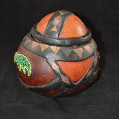 Vintage Carved and Embellished Calabash Container 8x8 Ashanti