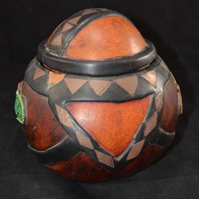 Vintage Carved and Embellished Calabash Container 8x8 Ashanti