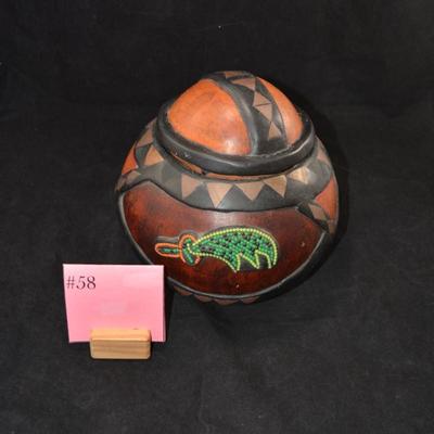 Vintage Carved and Embellished Calabash Container 8x8 Ashanti