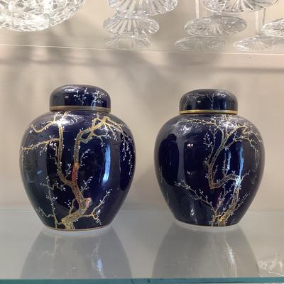 628 Lot of Two Blue China Pirken Hammer Ginger Jars with Floral Vase