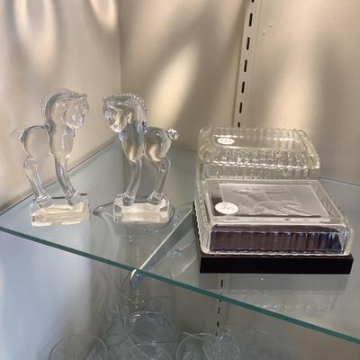 629 Pair of Heisey Standing Pony Figures with Two Glass Covered Boxes