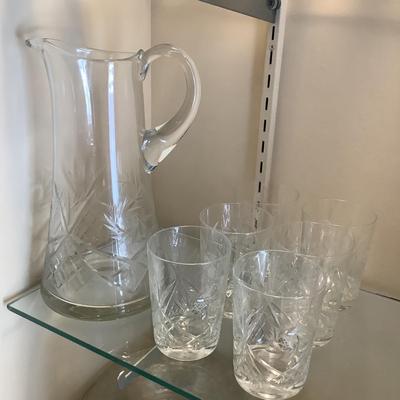 630 Vintage Tall Cut Glass Water Pitcher with 6 matching Glasses