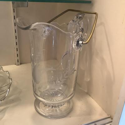 633 Antique Victorian Glass Water Pitcher with Victorian Glass Flower Basket and more
