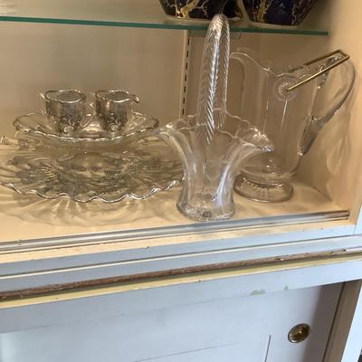 633 Antique Victorian Glass Water Pitcher with Victorian Glass Flower Basket and more