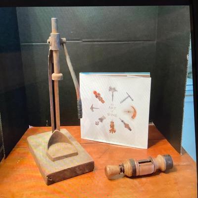 638 Antique Victorian Wooden Wine Corking Tool with The Art of Wine Cork Books